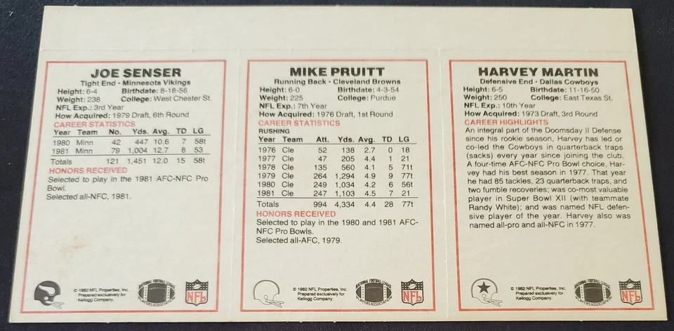 Tarjeta de la NFL de Kellogg's 1982 Harvey Martin Cowboys Greg Pruitt Joe Senser sin cortar Foto 2 de 4