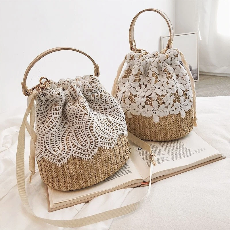 Women Beach Handbag Bucket Bag Straw Bucket Rattan Woven Shoulder Purse Bag - Image 2 of 4