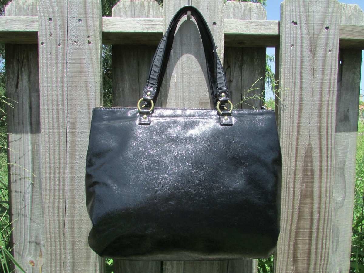 バッグ COACH Poppy Daisy 2way Bag Patent Black Coach Poppy Daisy Black Patent Leather Large Tote Shoulder Bag
