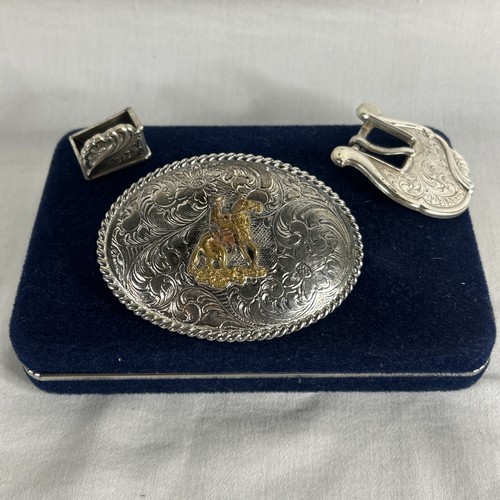 Horseback Cowboy Flower Ornate Vintage Belt Buckle - With Overlay & Other Piece