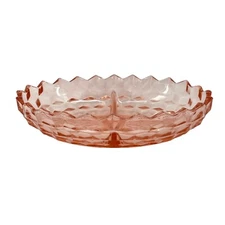 Depression 9.5" Divided Serving Candy Dish Bowl Pink Glass Diamond Cut Glass