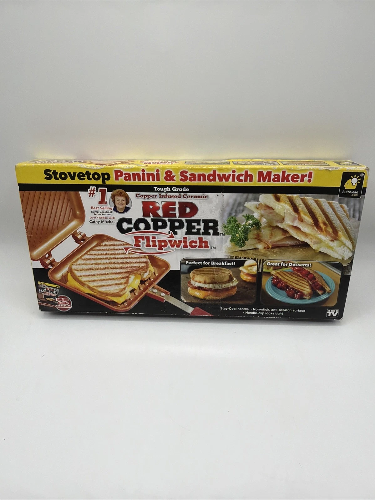 Red Copper Flipwich Stovetop Panini & Sandwich Maker Non Stick Ceramic - Sealed