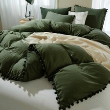 Dark Olive Green Duvet Cover Queen Size, 3 Piece Boho Bohemian Farmhouse Pom ...