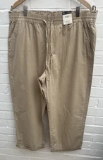 New M&S Brown Trousers UK 20 High Waist Straight Leg Cotton Elastic Waist L26”