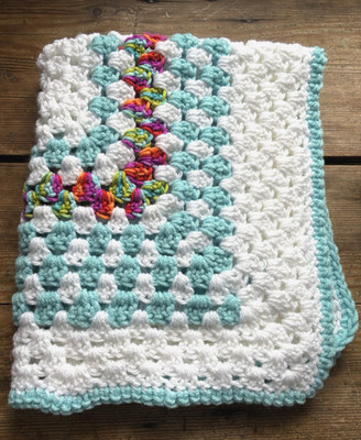 Vtg Handmade Crochet Baby Blanket Cradle Stroller Lap Quilt 19''x23'' White & Aqua