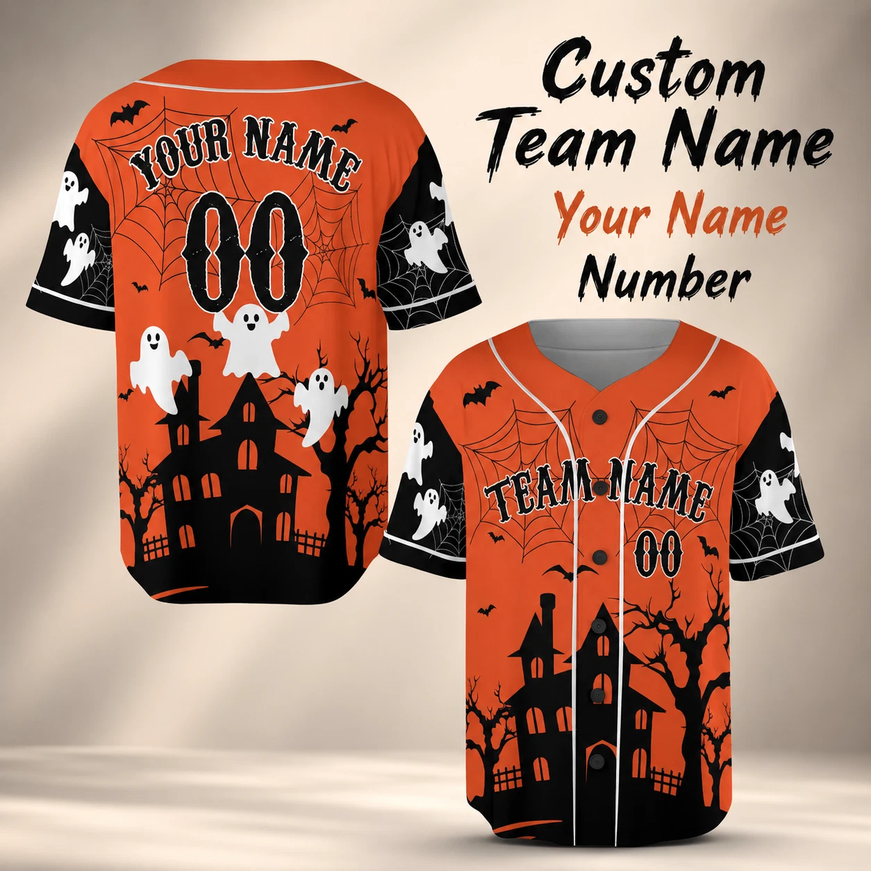 Haunted House Ghost Bats Halloween Baseball Jersey Men Short Sleeve Button Down