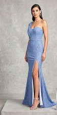 One-Shoulder Glitter Blue Evening Gown Pearl Accents Side Slit 27" Maxi 58”