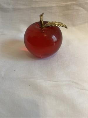 Vintage RED APPLE Glass Paperweight With Metal Stem & Leaf - Hand-blown