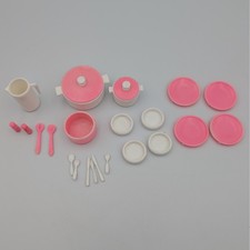 VTG 1980s Barbie Dream House Kitchen Cookware Pink White Plates Pots Mattel Lot