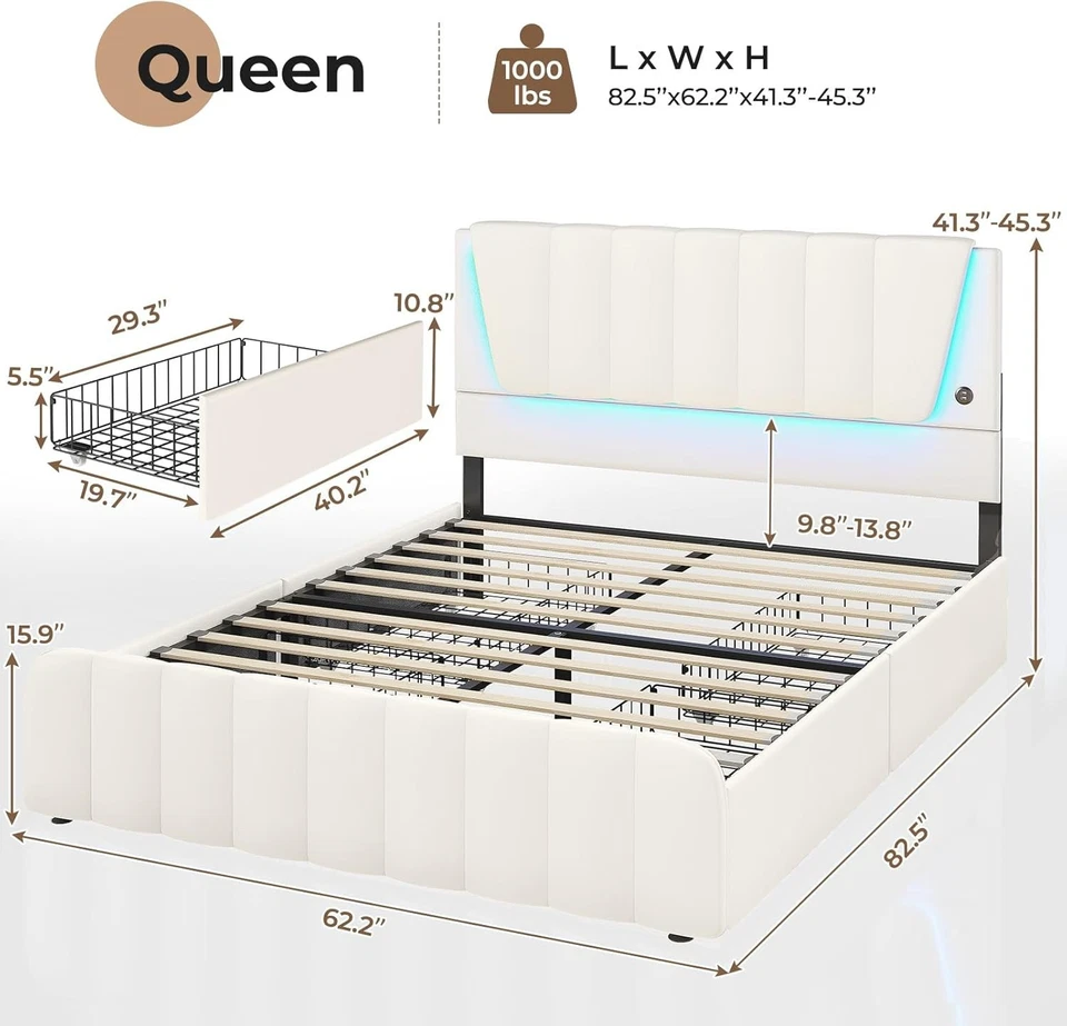 Queen Bed Frame with Headboard and 4 Drawers, White Platform Bed with Led Light - Image 2 of 4