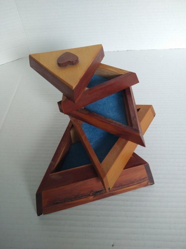 Unique Handmade Small Wooden Triangle Jewelry/Trinket Box Artist Stamped