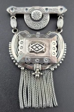 Victorian Edwardian Repousse Chatelaine Tassel Sterling Silver Brooch Pin