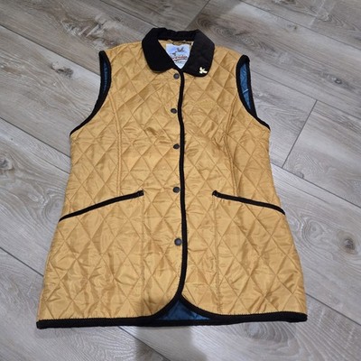 John Partridge Women's Gold Quilted Vest w/ Brown Corduroy Collar  Bird Accent