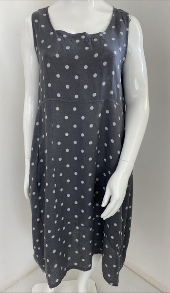 Mandorle L - XL 14-16 Grey White Spot Pure Linen Midi Shift Dress Pockets Casual