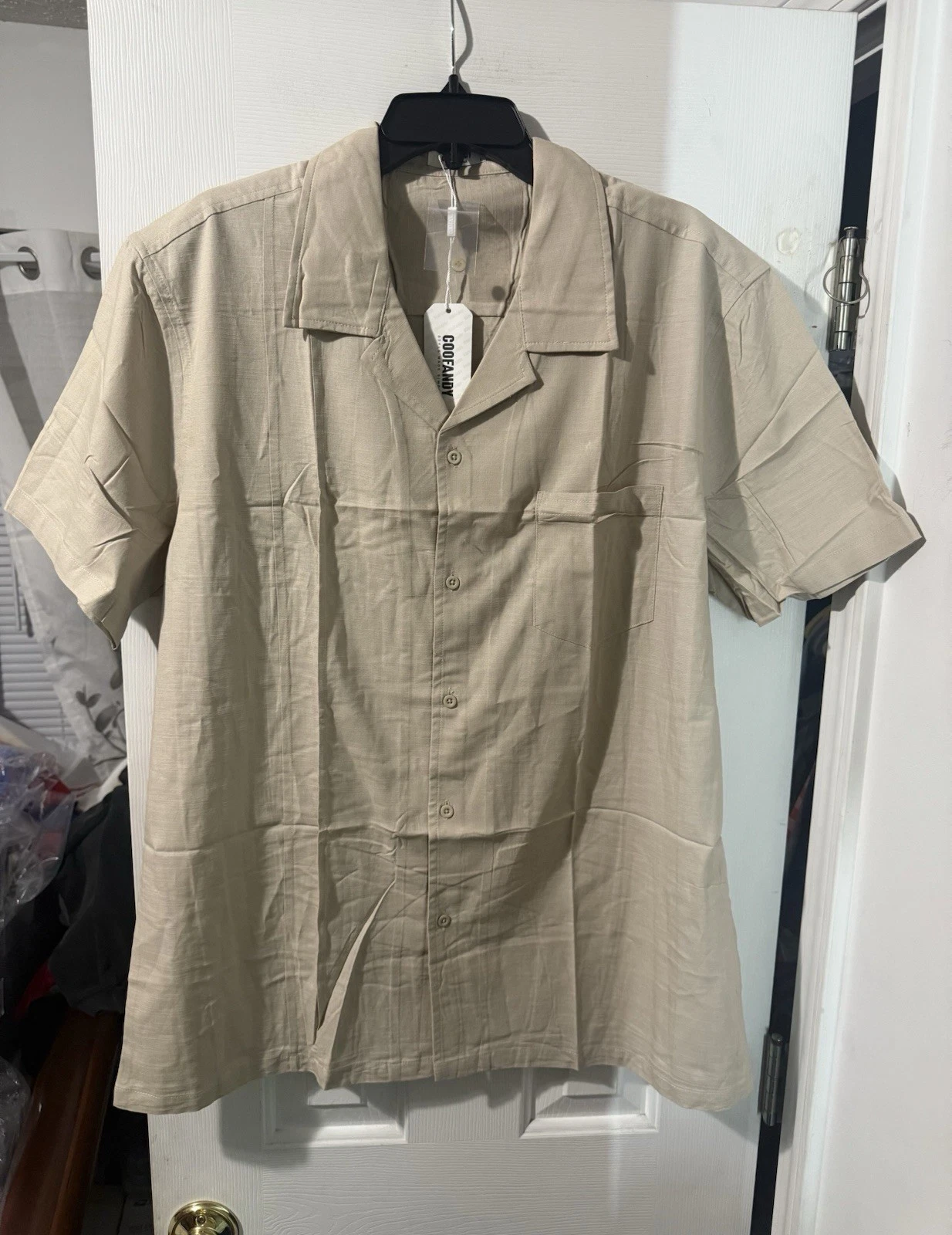 NWT Coofandy Linen Blend Beige Tan Short Sleeve Button Front Shirt Men's size L