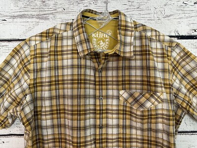Kuhl Mountain Grown Men s Large Short Sleeve Button Up Shirt Yellow Brown
