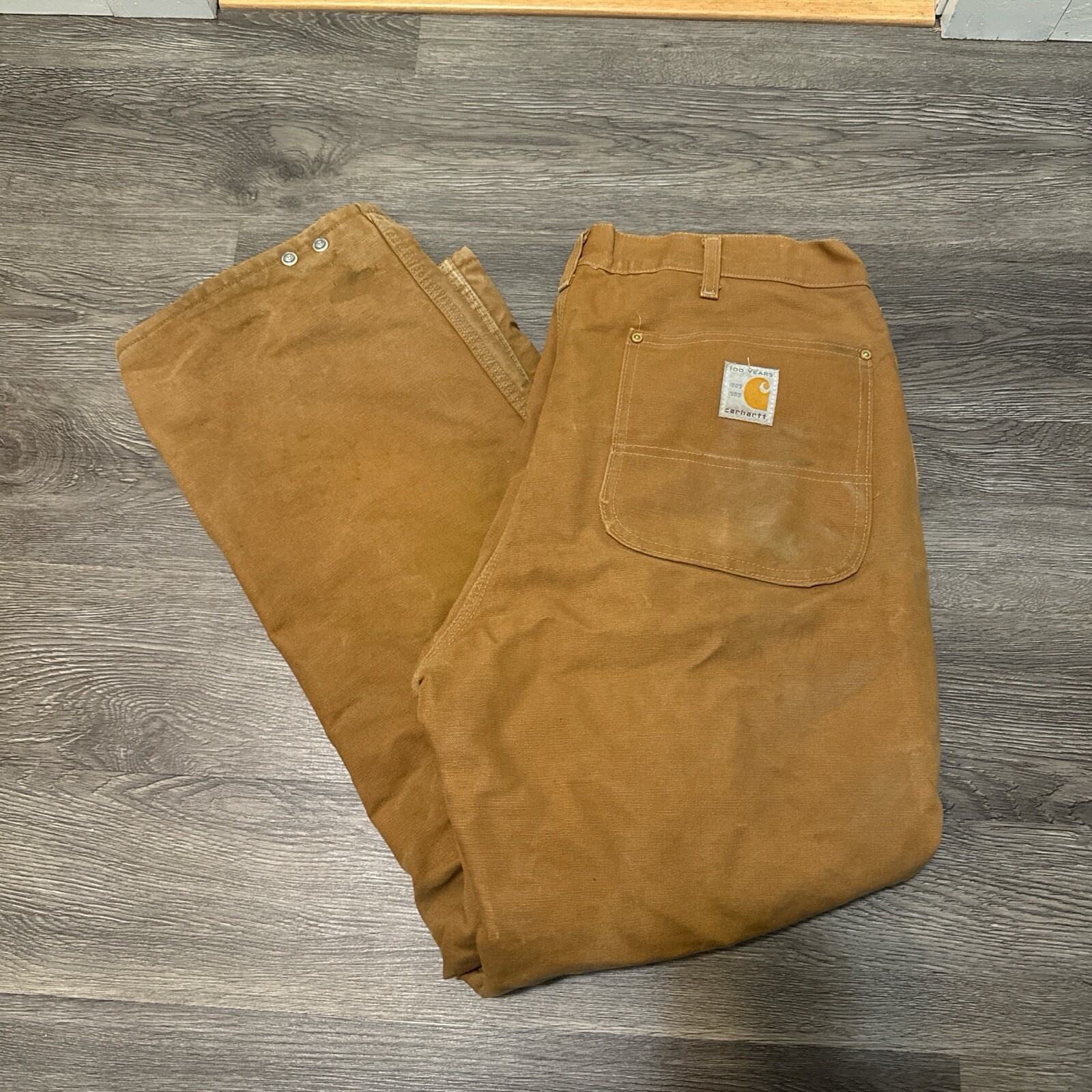 Vintage 1989 CARHARTT Tan Workwear Jeans Pants USAMade Red Quilted Lining Union