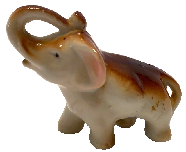 Vintage Made in Japan Brown/Beige Trunk Up Ceramic 3.5" x 2.5" Elephant Figurine