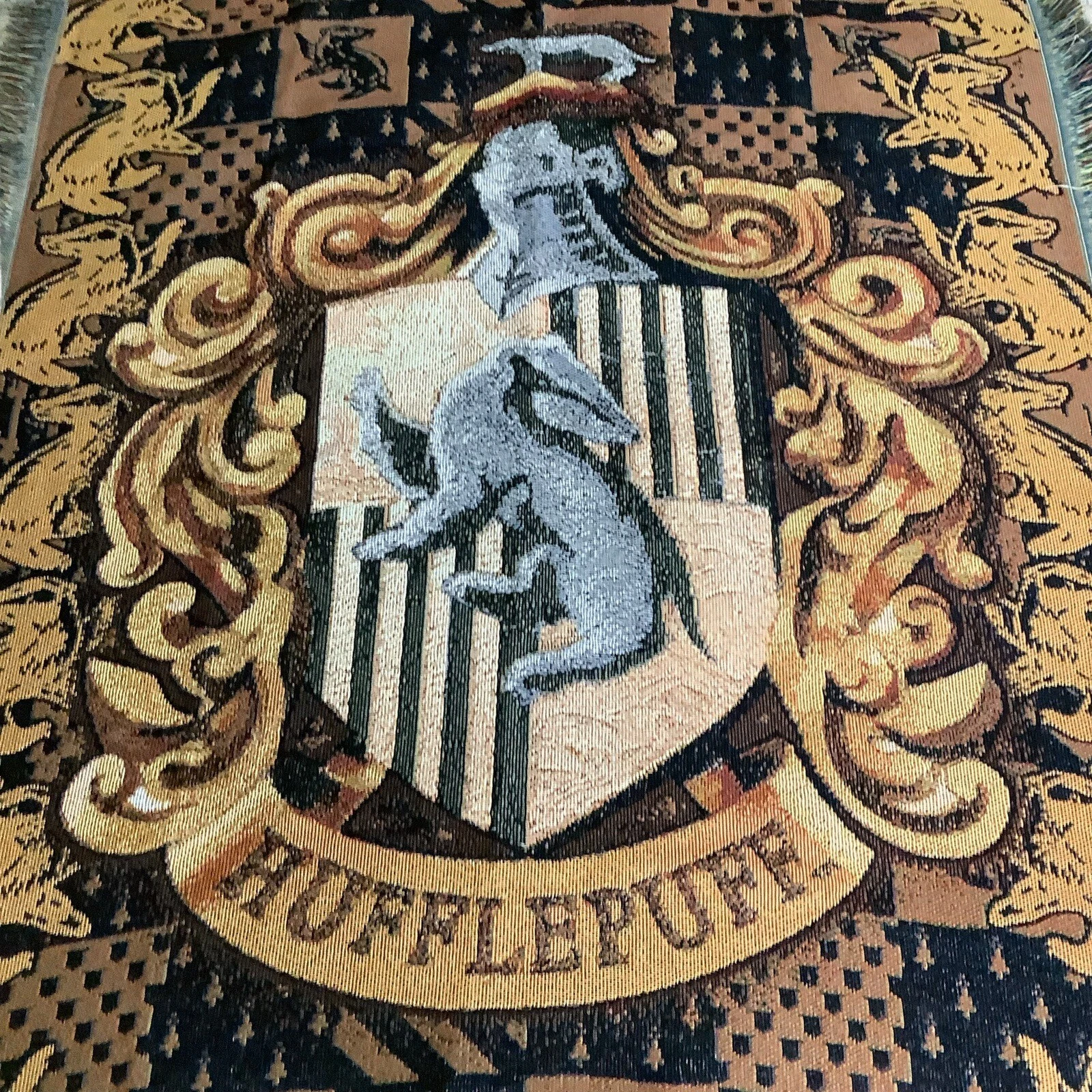 Harry Potter Hufflepuff Dark Academic Woven Tapestry Throw Blanket with Fringe