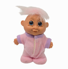 Vintage Russ Baby Troll Doll Pink Footed Pajamas Back Flap Pink Hair Blue Eyes 3