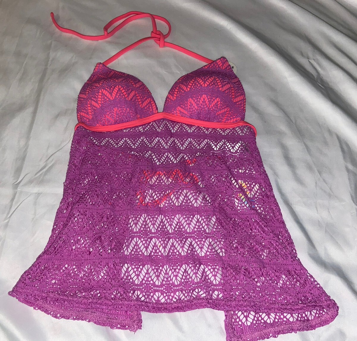 Hula Honey Crochet Fly Away Apron Push-up Swimsuit Tankini Top XS