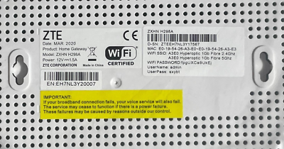 HYPEROPTIC ZTE ZXHN H298A Home Gateway 1gbps speed Router Fibre