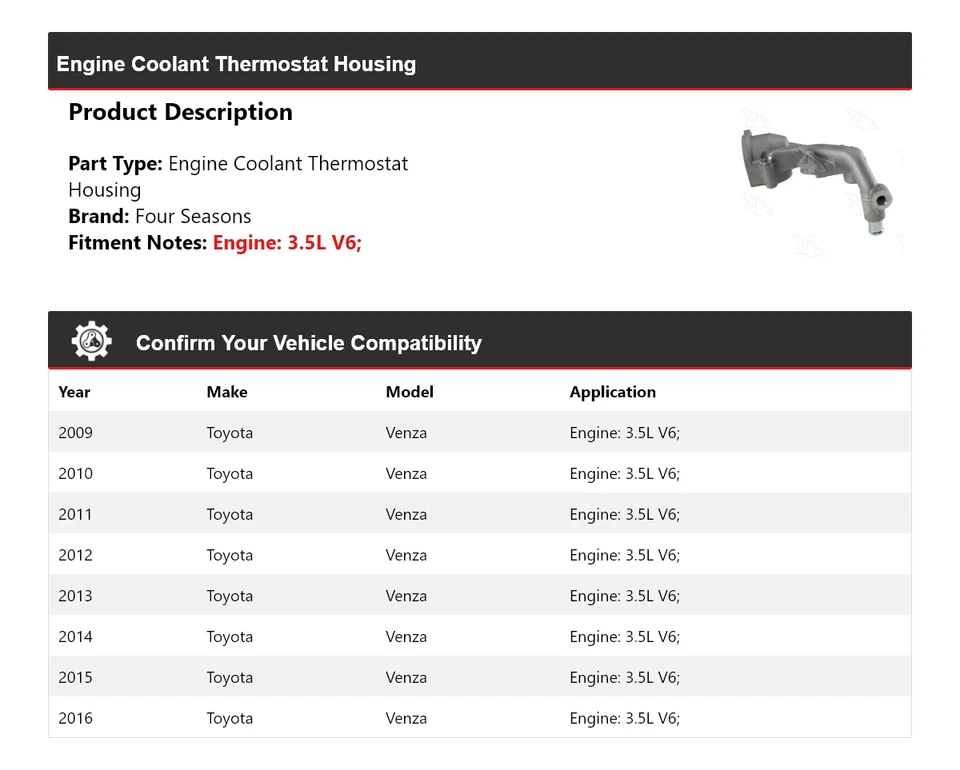 Carcasa termostato refrigerante motor V6 3,5 L Toyota Venza 2009-2016 4 estaciones Foto 2 de 4
