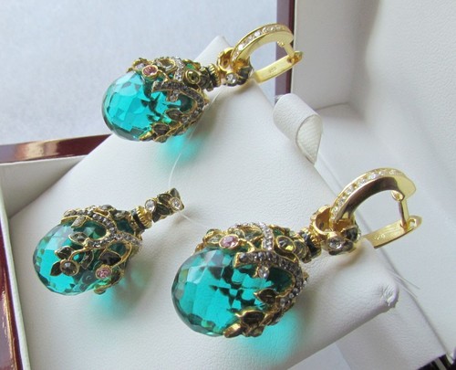 AQUAMARIN OHRRINGE & ANHÄNGER SET HANDARBEIT RUSSISCH MASSIV STERLINGSILBER 925  - Bild 1 von 9