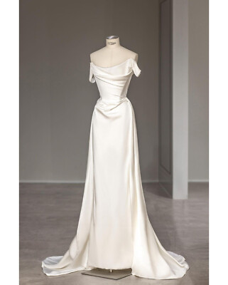 Mermaid Short Sleeves Wedding Dress Satin Off Shoulder Bride Dress Satin