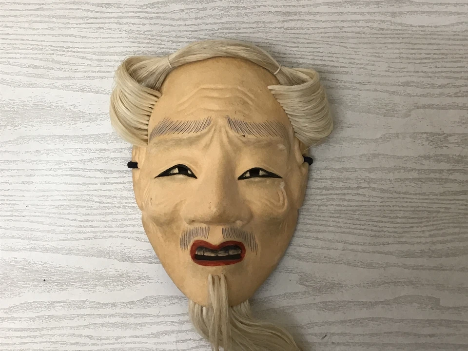 Y2760 NOH MASK escultura em madeira homem velho assinado japonês vintage presságio homens antigos - Imagem 2 de 4