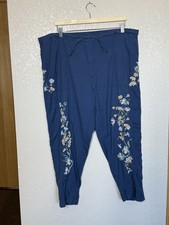 Sundance Embroidered Tie Waist Ankle Pants Size XL Blue Floral