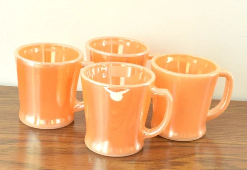 Set of 4 Fire King Peach Lustre D-Handled Coffee Mugs Vintage 3-5/16" tall