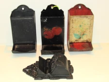 4 Early Match Stick Holders Kitchen Toleware Litho 1930-50 s 3 Tin 1 Cast Metal