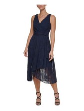 DKNY Womens Navy Tie Belt Lined Sleeveless Tea-Length Faux Wrap Dress Petites 2P