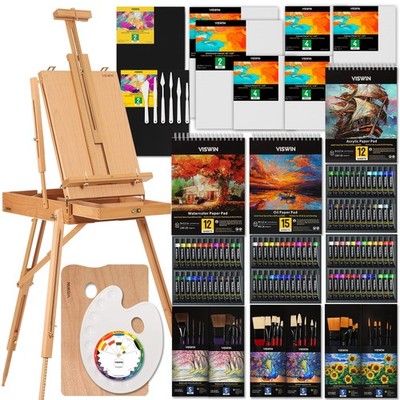 Professional All-in-Art Painting Kit with Beech Wood French Easel, 96 Acrylic...