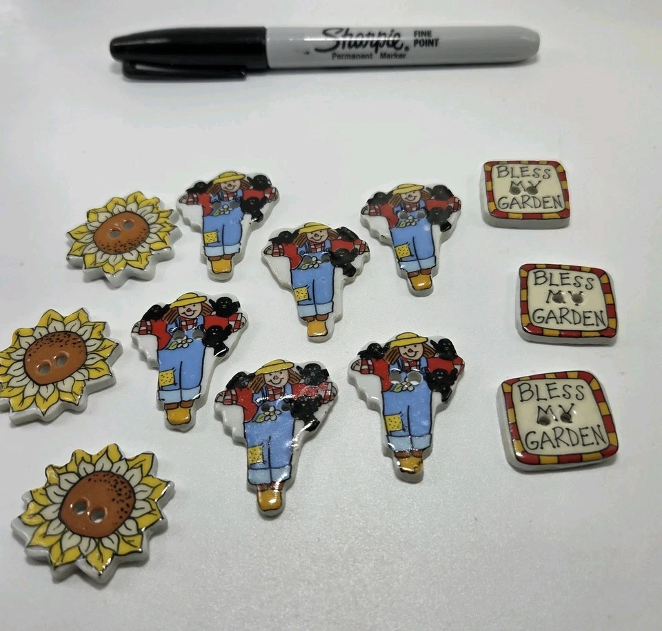 Vintage Unknown Brand 12 Ceramic Sewing Buttons Sunflower Scarecrow Bless Garden - Image 2 of 4