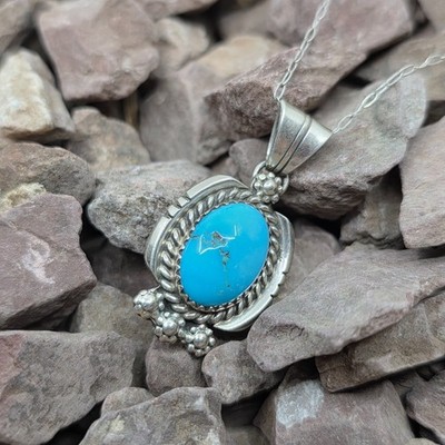 Navajo RB Signed Sterling Silver Turquoise Necklace Pendant On 19
