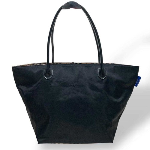 Burberry Blue Label Tote Bag Nova Check Nylon Leather Black Large Used Japan - Picture 2 of 17