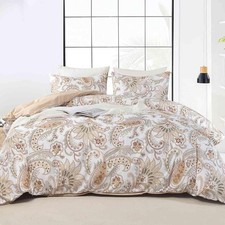 Paisley Duvet Cover Set Queen Size, Tan Taupe Classy Boho Damask Printed Patt...
