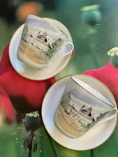 A Set Of 2 Copenhagen Hand Painted Palace Demitasse Tea Cup & Saucer
