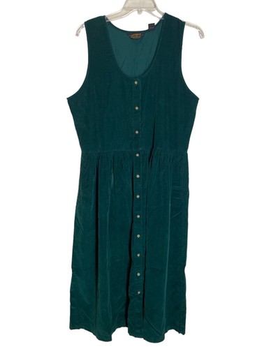 Green Corduroy Jumper Dress Pockets 