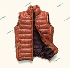 Men Distressed Genuine Soft Lambskin Leather Vest Biker Quilted Down Puffer Vest
