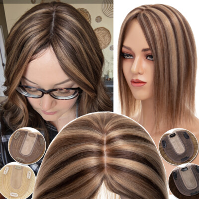 Clip In 100% Real Human Hair Topper Top Hairpiece Toupee Wigs Highlight Thick US