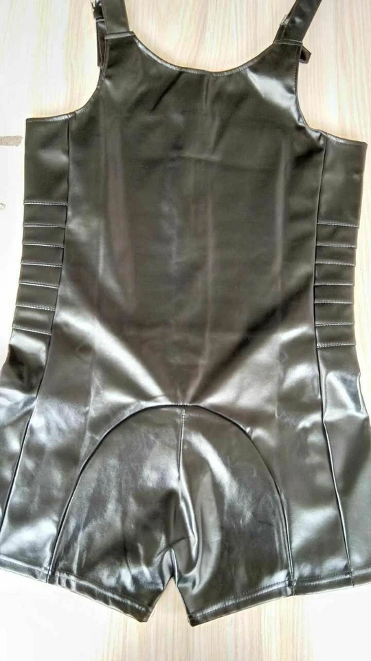 Fetish Men Male PU Leather Tank Bodysuit Clubwear Vest Catsuit Jumpsuit Playsuit - Image 4 of 4