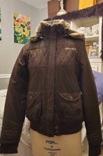Element Womens Parka Jacket Brown Snap Zip Hooded Faux Fur Lined Flap Pockets L