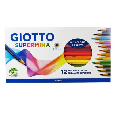 Giotto Supermina - Lot 12 Crayons Pastels - Forme Hexagonale - Mine Extra Large 3,8 Mm - Haute Qualité - 18 Cm
