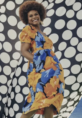 tabitha brown blue dress Tabitha Brown X Target mixed floral polkadot print Puff sleeve midi dress