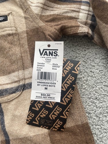 Vans Boys Sz. M 10-12 Flannel Beige Plaid Hoodie Hoody Long Sleeves Shirt NWT - Picture 3 of 12