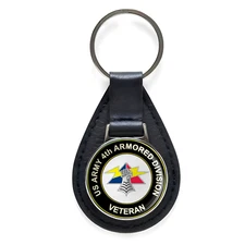 U.S. Army 4th Armor Division Veteran Black Leather Keychain Silver Keyring