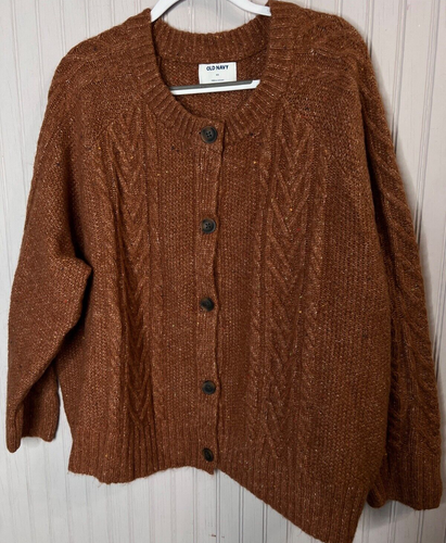 Old Navy Womens CARDIGAN 4X Brown Cable Knit Button Tweed Like Sweater Luxe NEW
